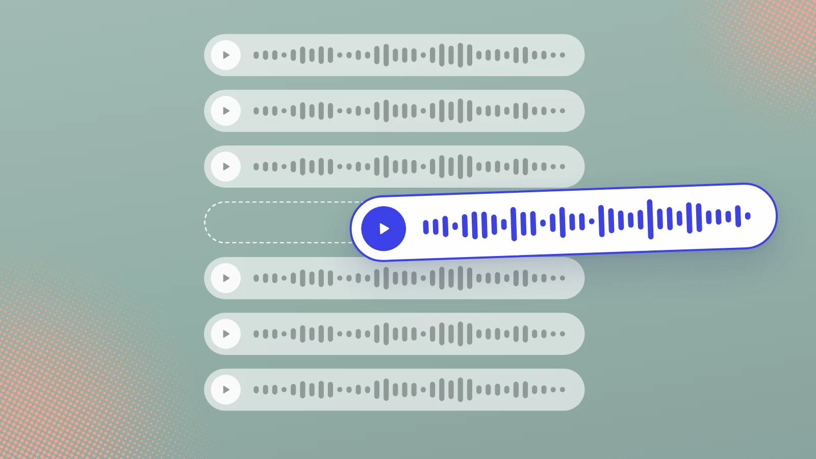 A stack of identical grey voice clips with the same waveform, and one clip pulled out of the stack, outlined in indigo with a different waveform.