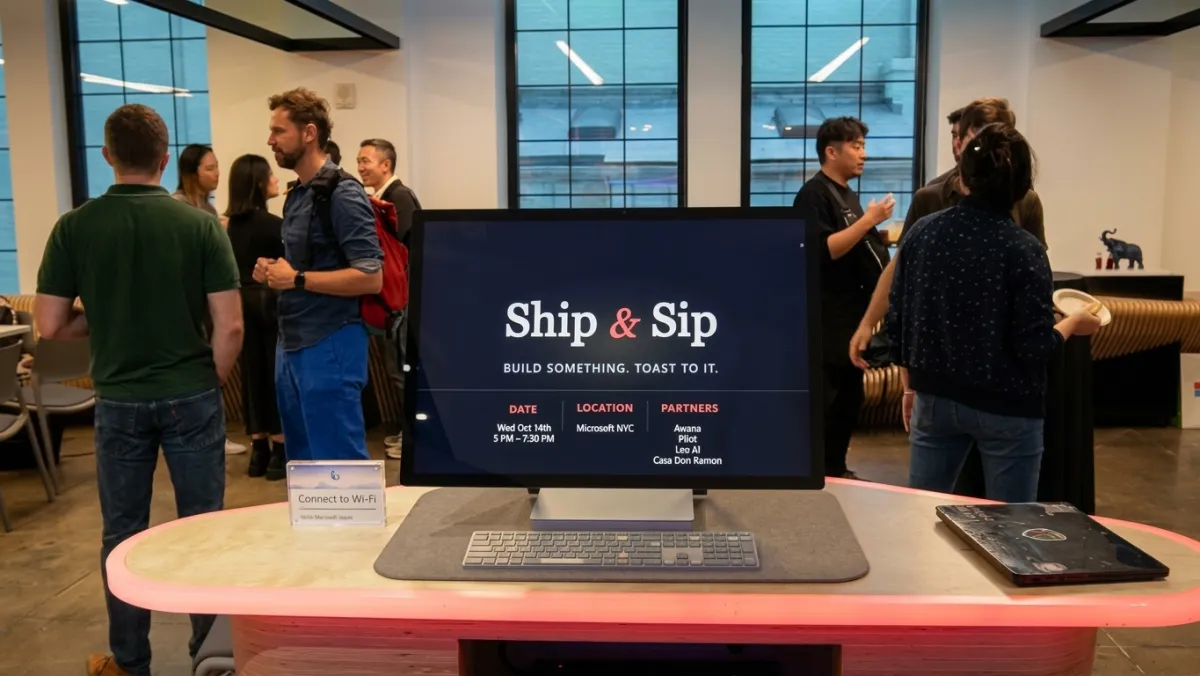 The event welcome screen with guests mingling behind it