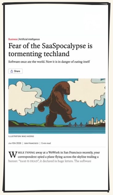 Opening frame one: a full-screen Economist cover headlined Fear of the SaaSpocalypse is tormenting techland. No face on screen.