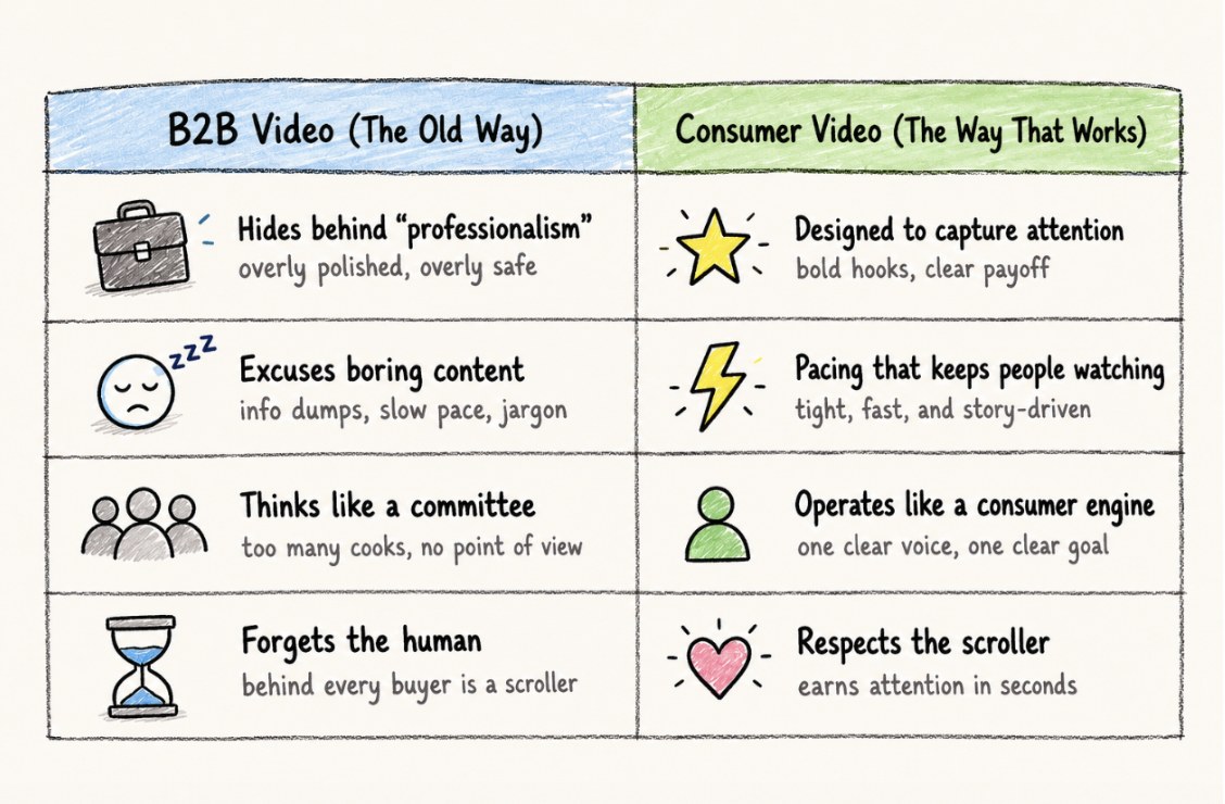 B2B video the old way hides behind professionalism, excuses boring content, thinks like a committee and forgets the human. Consumer video is designed to capture attention, paces to keep people watching, operates like a consumer engine and respects the scroller.