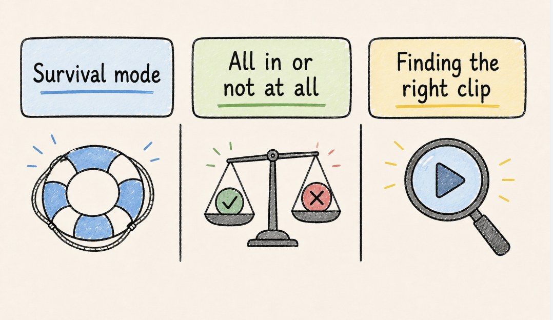 Three panels: Survival mode, with a life preserver. All in or not at all, with a tipping scale. Finding the right clip, with a magnifying glass over a play button.